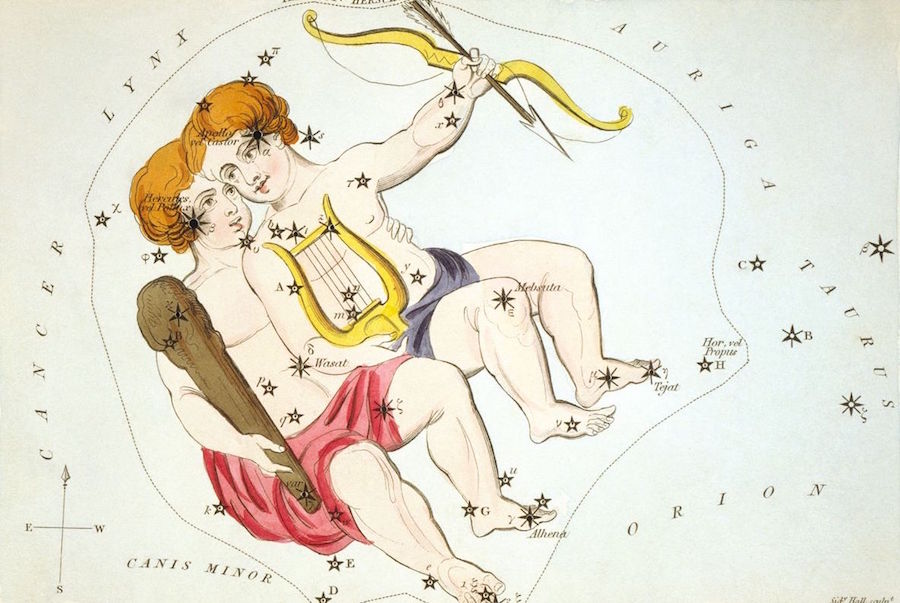 Image description: a colored Georgian engraving on cream background showing a stylized image of the subject of the constellation Gemini (the twins) against the actual positions of the stars and the relative positions of neighboring constellations.