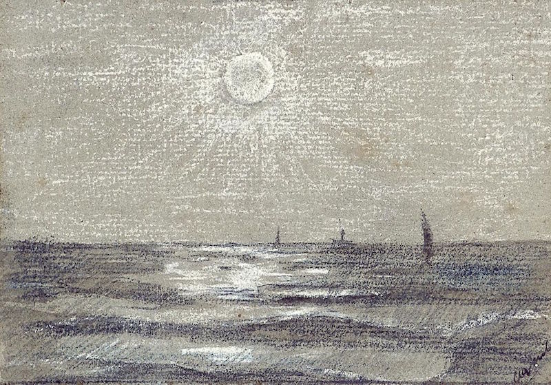 Image description: A silvery-gray pastel sketch of some boats and the implacable sun.